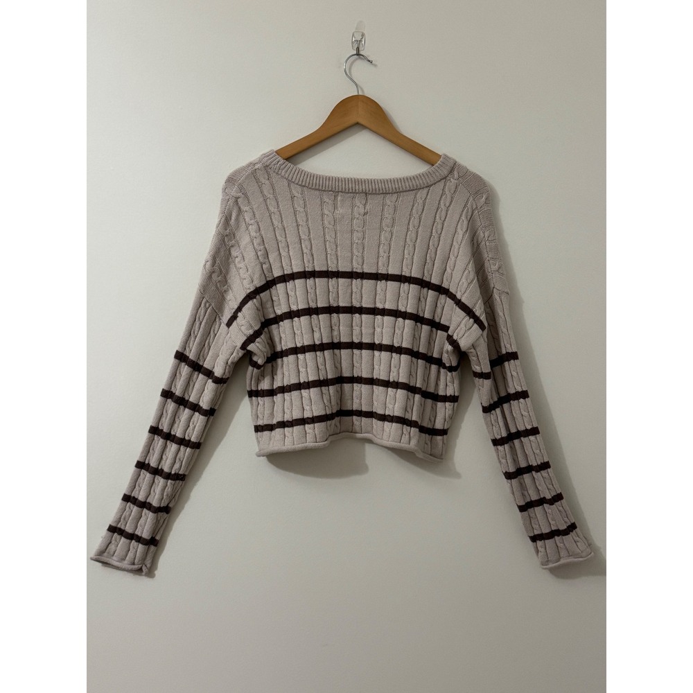 Pink Rose Cable Knit Striped‎ Cropped Sweater Beige Brown Long Sleeve Size L - Picture 5 of 8